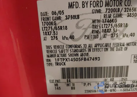 2005 Ford F-150 Fx4/Lariat/Xl/Xlt from USA, damaged, VIN 1FTPX14505FB47493